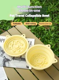 3-in-1 Pet Travel Collapsible Bowl Foldable Slow-Feeder With Strong Suction Cups  Portable Silicone Dog Bowl with Hook for Hanging on Collar/Back (Color: Yellow, size: 650ml)