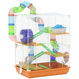 5 Tiers Hamster Cage Portable Animal Travel Carrier W Exercise Wheels Tube, Orange (Option: Orange)